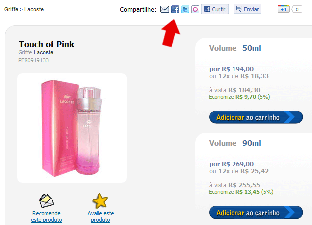 Página de detalhe do produto na loja virtual: Integração com o Facebook pela loja virtual